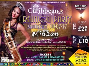 black history seasons - Miss Carribean UK Reunion party flyer